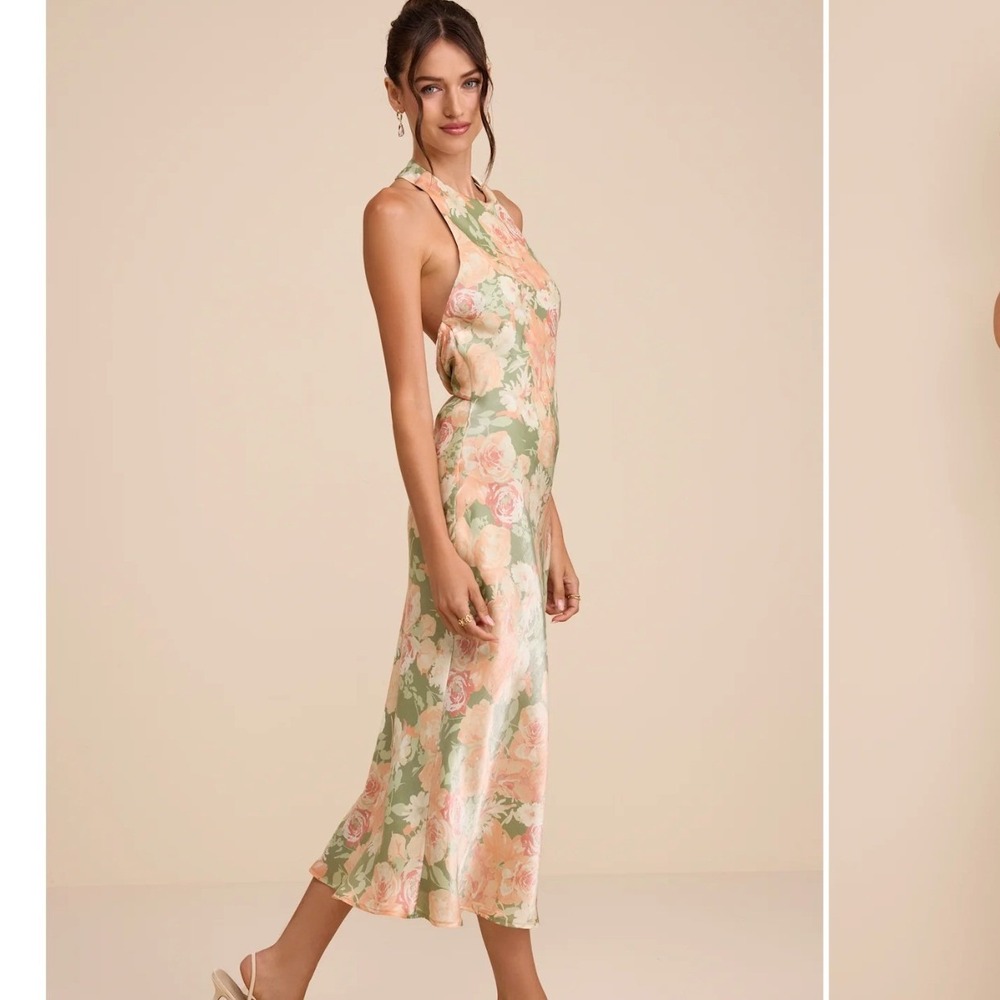 NWT Lulus Belin Sage Multi Floral Satin Backless Midi Dress SzL Wedding Guest